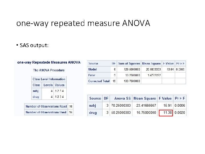one-way repeated measure ANOVA • SAS output: 