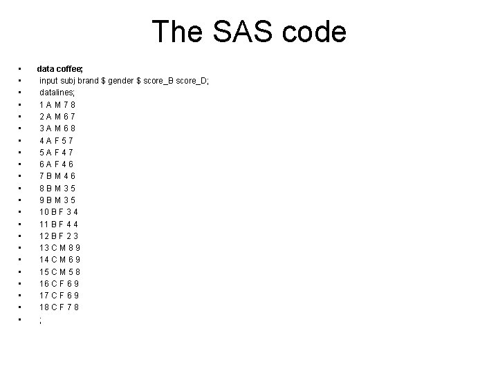 The SAS code • • • • • • data coffee; input subj brand