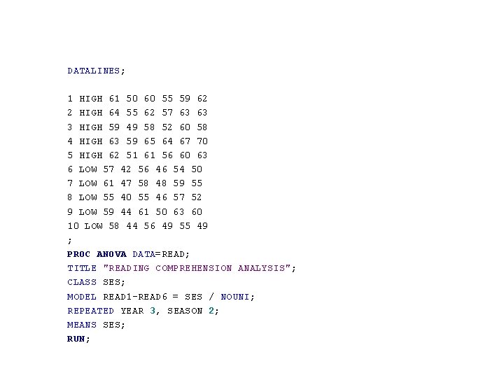 DATALINES; 1 HIGH 61 50 60 55 59 62 2 HIGH 64 55 62