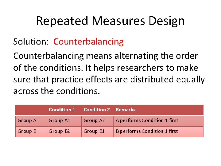 Repeated Measures Design Solution: Counterbalancing means alternating the order of the conditions. It helps