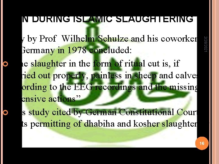 PAIN DURING ISLAMIC SLAUGHTERING 2/28/2021 Study by Prof Wilhelm Schulze and his coworkers in