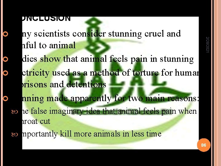 CONCLUSION 2/28/2021 Many scientists consider stunning cruel and painful to animal Studies show that