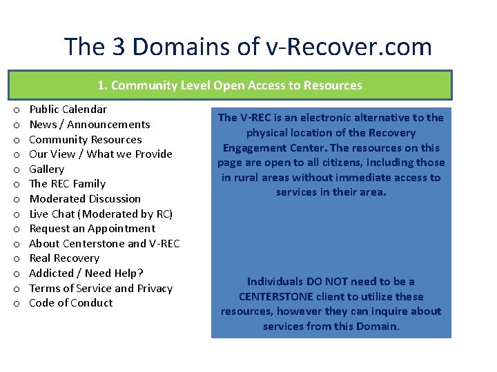 The 3 Domains of v-Recover. com 1. Community Level Open Access to Resources o