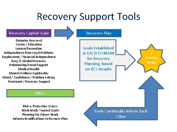 Recovery Support Tools Recovery Capital Scale Domains Assessed Career / Education Leisure/Recreation Independence from