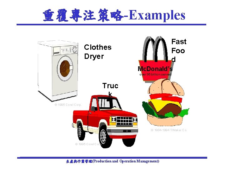 重覆專注策略-Examples Fast Foo d Clothes Dryer Mc. Donald’s over 95 billion served Truc k