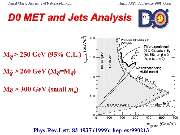 Daniel Claes, University of Nebraska-Lincoln Higgs SUSY Conference 2001, Orsay D 0 MET and