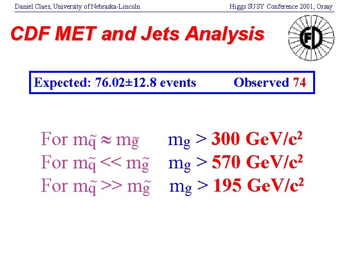 Daniel Claes, University of Nebraska-Lincoln Higgs SUSY Conference 2001, Orsay CDF MET and Jets