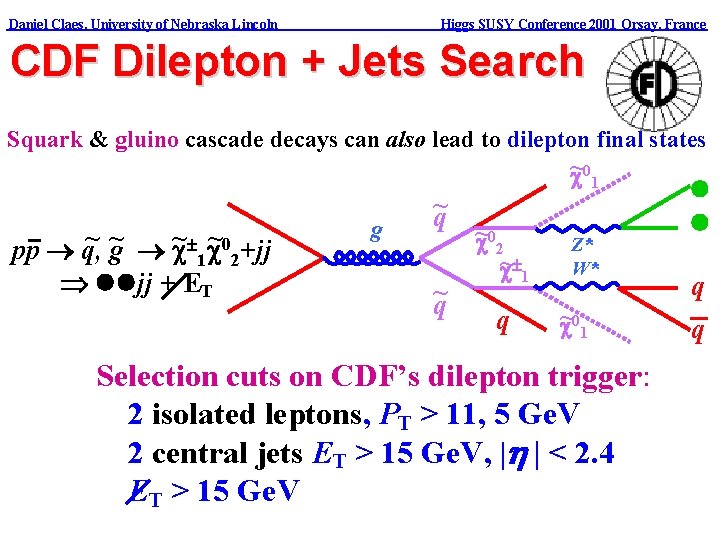 Daniel Claes, University of Nebraska Lincoln Higgs SUSY Conference 2001 Orsay, France CDF Dilepton