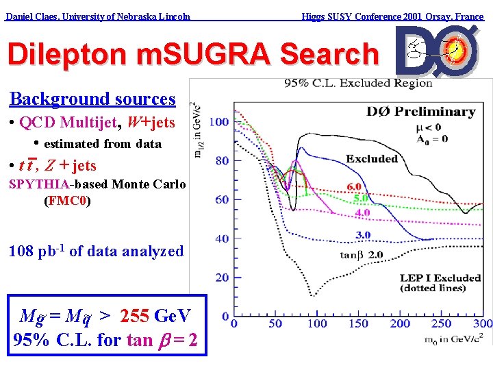 Daniel Claes, University of Nebraska Lincoln Higgs SUSY Conference 2001 Orsay, France Dilepton m.