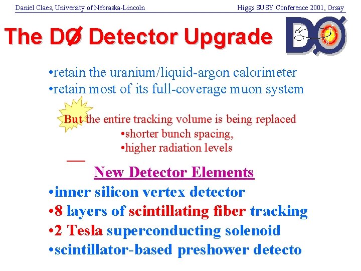 Daniel Claes, University of Nebraska-Lincoln Higgs SUSY Conference 2001, Orsay The DO Detector Upgrade