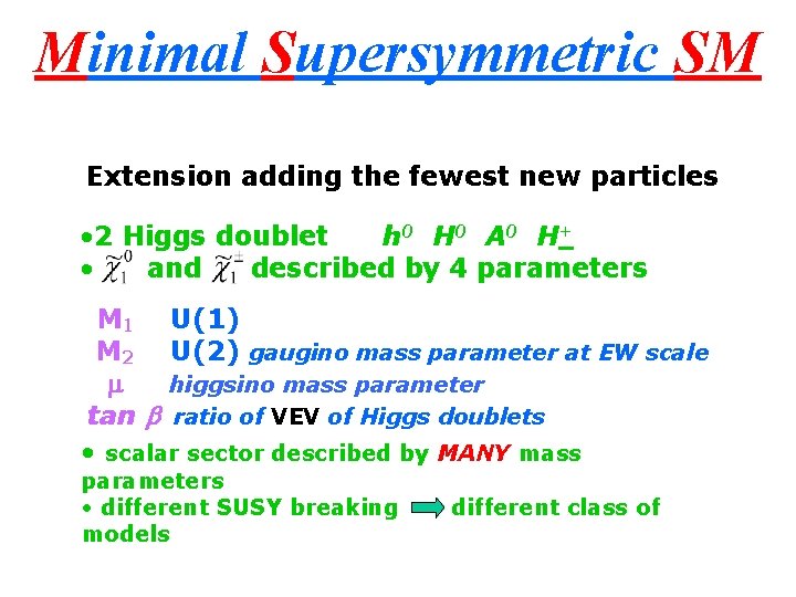 Minimal Supersymmetric SM Extension adding the fewest new particles • 2 Higgs doublet h