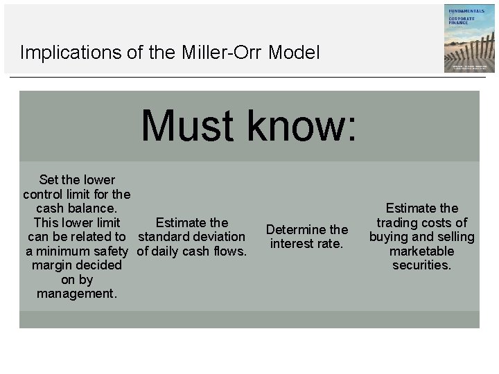 Implications of the Miller-Orr Model Must know: Set the lower control limit for the Implications of the Miller-Orr Model Must know: Set the lower control limit for the