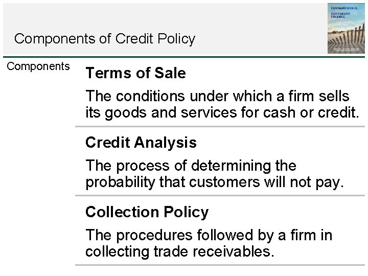 Components of Credit Policy Components Terms of Sale The conditions under which a firm Components of Credit Policy Components Terms of Sale The conditions under which a firm