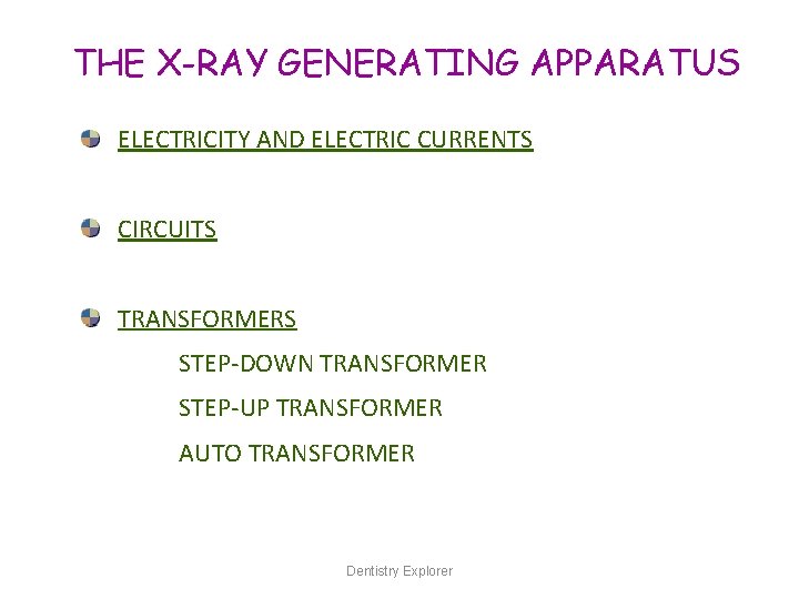 THE X-RAY GENERATING APPARATUS ELECTRICITY AND ELECTRIC CURRENTS CIRCUITS TRANSFORMERS STEP-DOWN TRANSFORMER STEP-UP TRANSFORMER