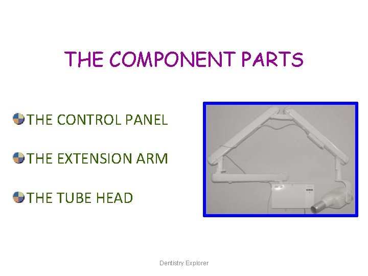THE COMPONENT PARTS THE CONTROL PANEL THE EXTENSION ARM THE TUBE HEAD Dentistry Explorer