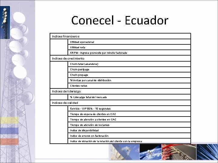 Conecel - Ecuador Indices financieros Utilidad operacional Utilidad neta ARPM - ingreso promedio por