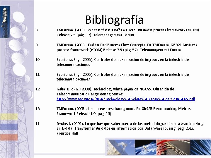 Bibliografía 8 TMForum. (2008). What is the e. TOM? En GB 921 Business process