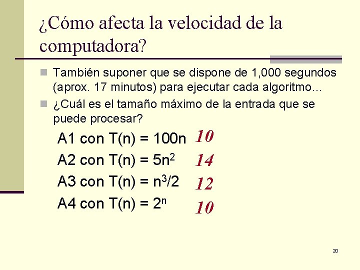 ¿Cómo afecta la velocidad de la computadora? n También suponer que se dispone de