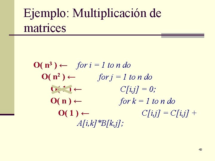 Ejemplo: Multiplicación de matrices O( n 3 ) ← for i = 1 to