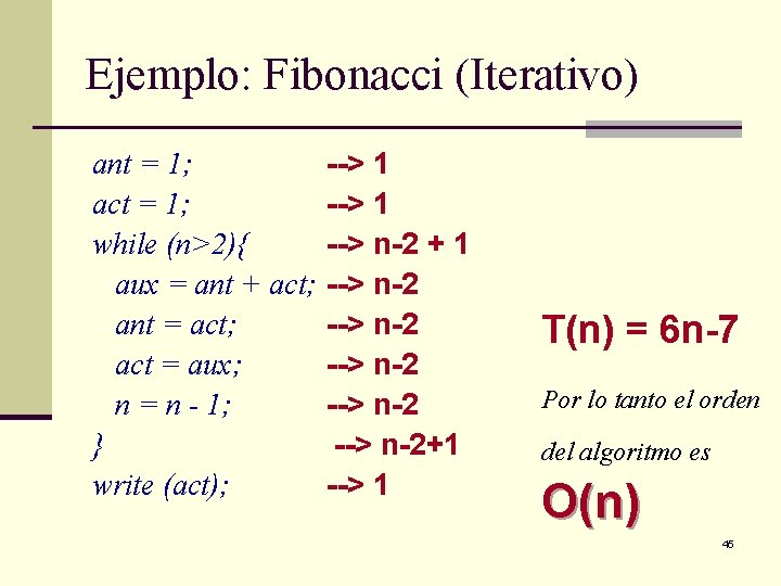 Ejemplo: Fibonacci (Iterativo) ant = 1; act = 1; while (n>2){ aux = ant