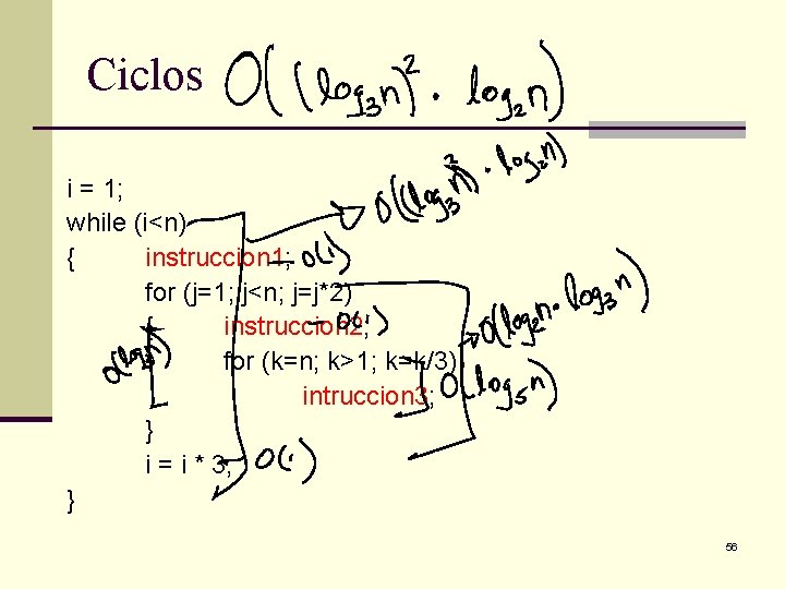 Ciclos i = 1; while (i<n) { instruccion 1; for (j=1; j<n; j=j*2) {