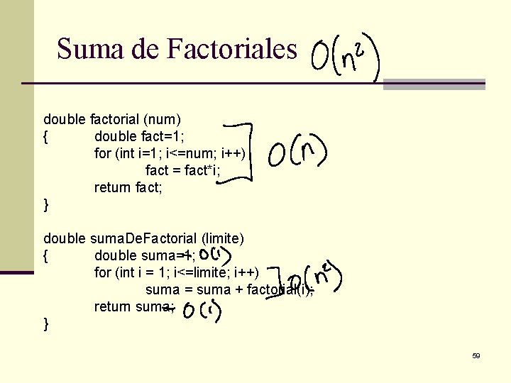 Suma de Factoriales double factorial (num) { double fact=1; for (int i=1; i<=num; i++)