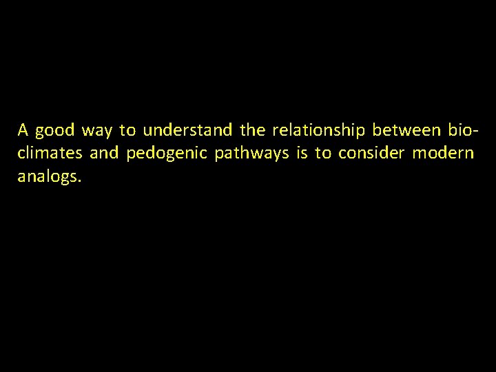 A good way to understand the relationship between bioclimates and pedogenic pathways is to A good way to understand the relationship between bioclimates and pedogenic pathways is to