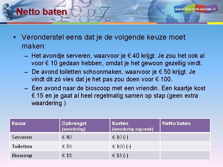 www. economielokaal. nl Netto baten • Veronderstel eens dat je de volgende keuze moet