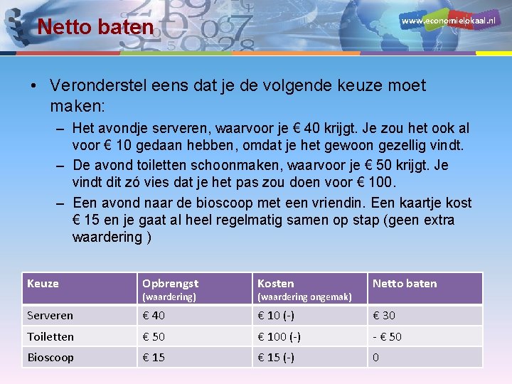 www. economielokaal. nl Netto baten • Veronderstel eens dat je de volgende keuze moet
