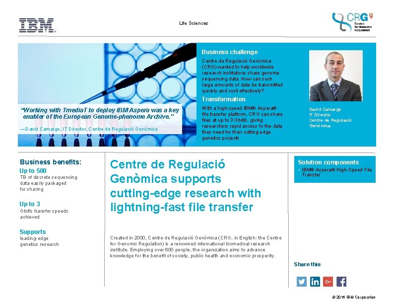 Life Sciences Business challenge Centre de Regulació Genòmica (CRG) wanted to help worldwide research