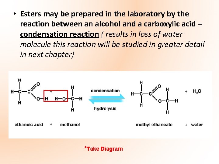  • Esters may be prepared in the laboratory by the reaction between an