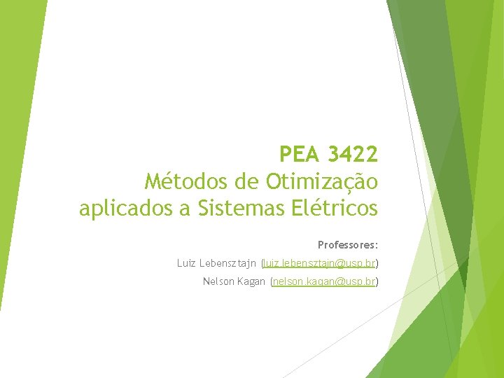 PEA 3422 Métodos de Otimização aplicados a Sistemas Elétricos Professores: Luiz Lebensztajn (luiz. lebensztajn@usp.