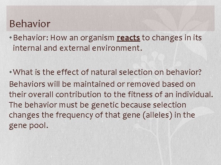 Behavior • Behavior: How an organism reacts to changes in its internal and external