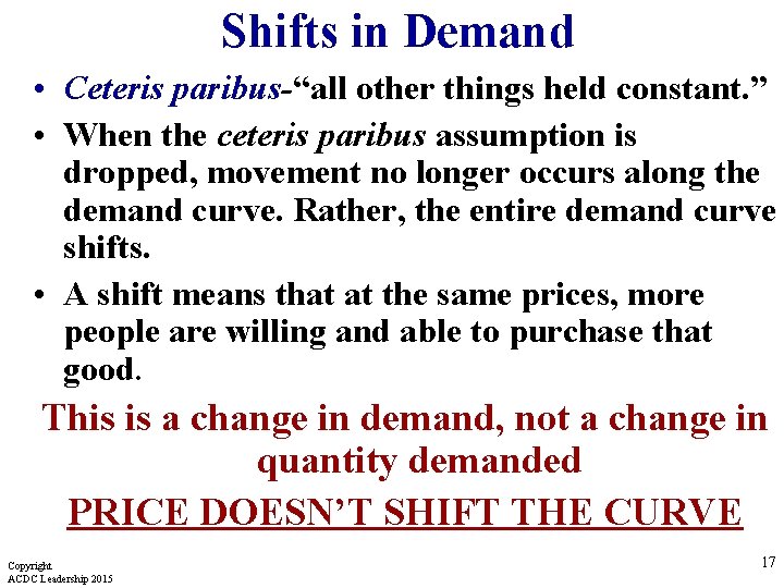 Shifts in Demand • Ceteris paribus-“all other things held constant. ” • When the