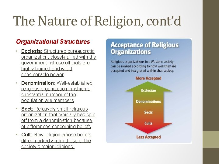 The Nature of Religion, cont’d Organizational Structures • Ecclesia: Structured bureaucratic organization, closely allied