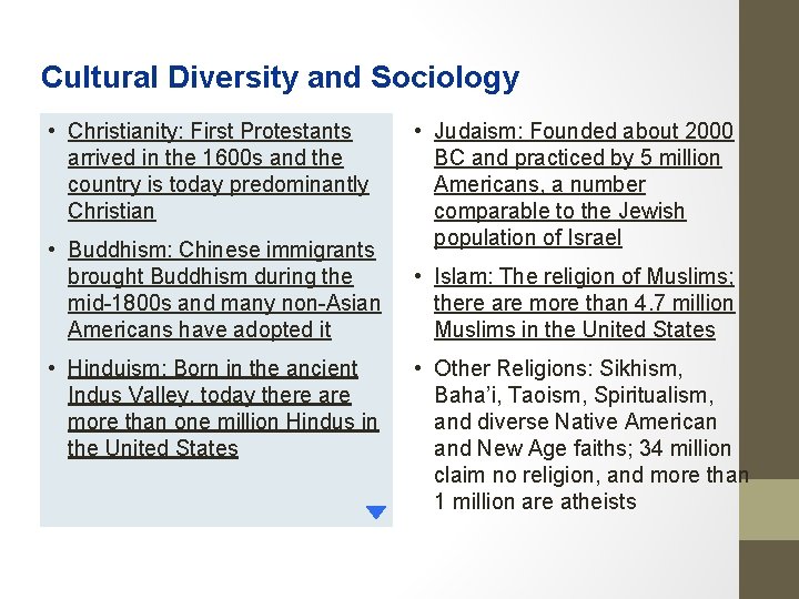 Cultural Diversity and Sociology • Christianity: First Protestants arrived in the 1600 s and
