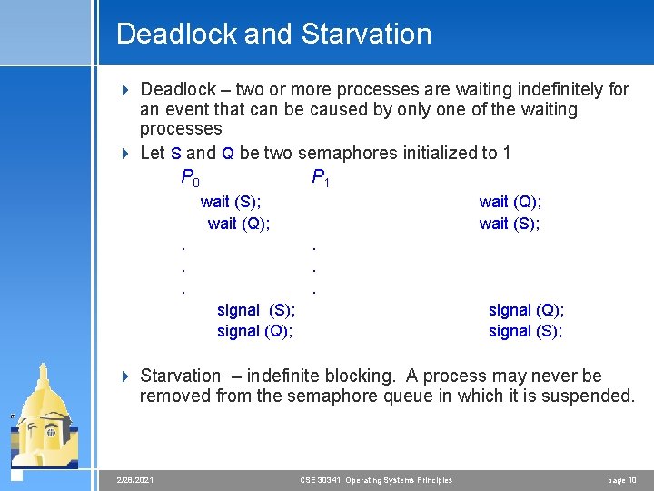 Deadlock and Starvation 4 Deadlock – two or more processes are waiting indefinitely for Deadlock and Starvation 4 Deadlock – two or more processes are waiting indefinitely for