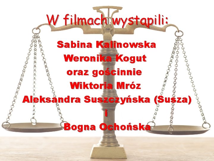 W filmach wystąpili: Sabina Kalinowska Weronika Kogut oraz gościnnie Wiktoria Mróz Aleksandra Suszczyńska (Susza)