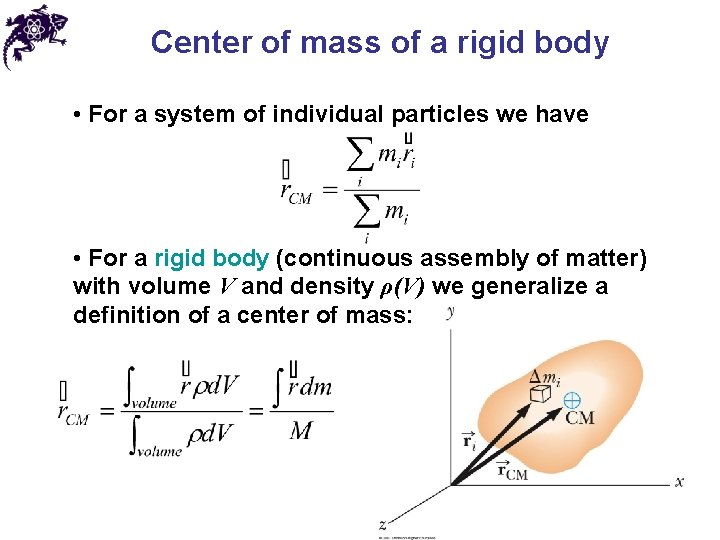 Center of mass of a rigid body • For a system of individual particles Center of mass of a rigid body • For a system of individual particles