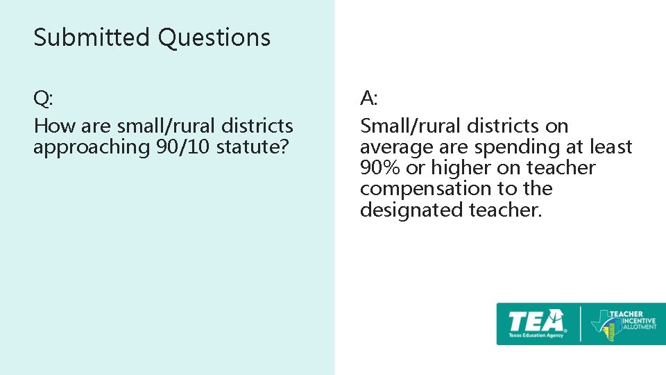 Submitted Questions Q: How are small/rural districts approaching 90/10 statute? A: Small/rural districts on