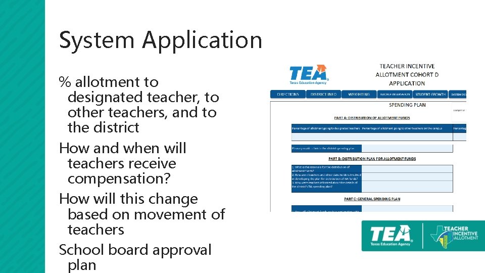 System Application % allotment to designated teacher, to other teachers, and to the district