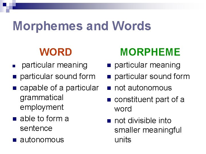 Morphemes and Words WORD n n n particular meaning particular sound form capable of