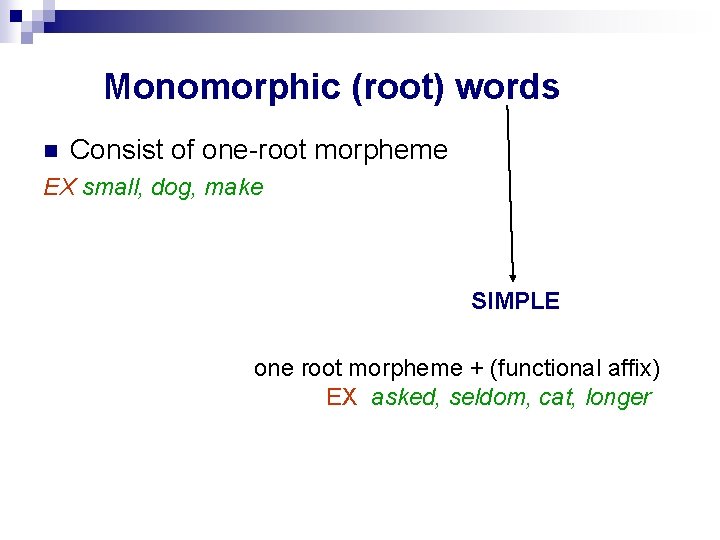 Monomorphic (root) words n Consist of one-root morpheme EX small, dog, make SIMPLE one