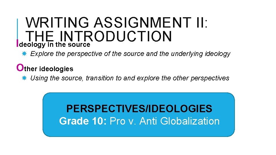 WRITING ASSIGNMENT II: THE INTRODUCTION Ideology in the source Explore the perspective of the