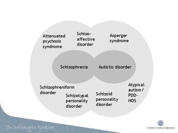  Attenuated psychosis syndrome Schizoaffective disorder Schizophrenia Schizophreniform disorder Schizotypal personality disorder Asperger syndrome
