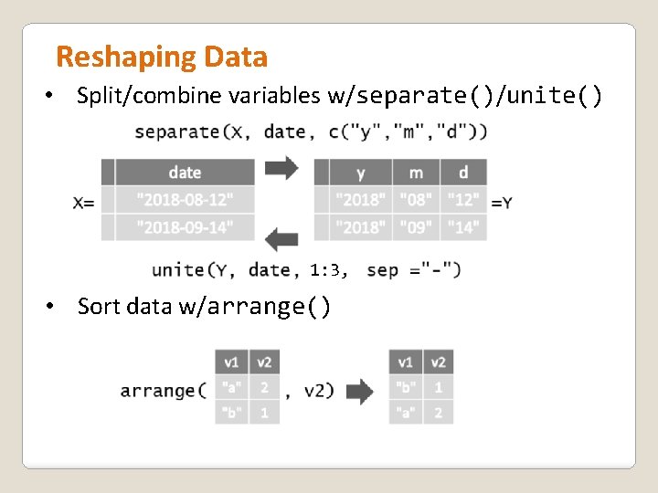 Reshaping Data • Split/combine variables w/separate()/unite() 1: 3, • Sort data w/arrange() 