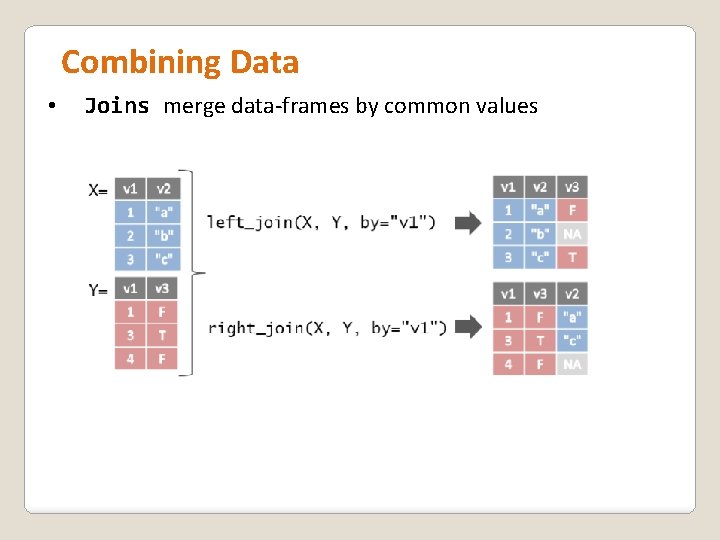 Combining Data • Joins merge data-frames by common values 