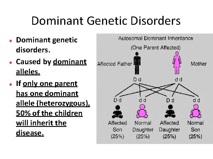 Dominant Genetic Disorders Dominant genetic disorders. Caused by dominant alleles. If only one parent