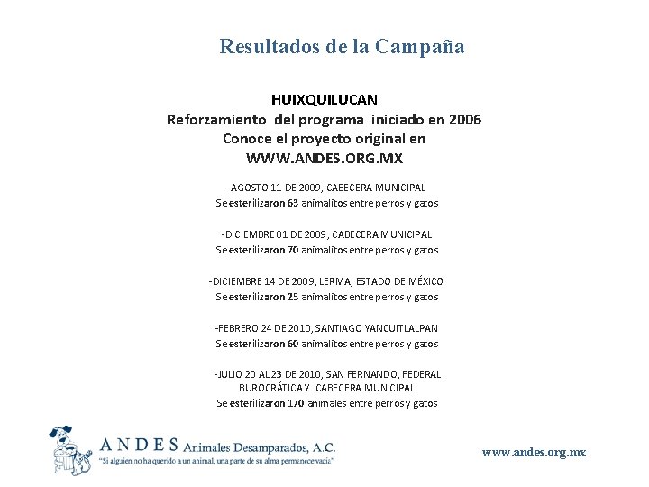 Resultados de la Campaña HUIXQUILUCAN Reforzamiento del programa iniciado en 2006 Conoce el proyecto