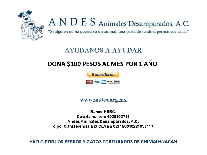 AYÚDANOS A AYUDAR DONA $100 PESOS AL MES POR 1 AÑO www. andes. org.